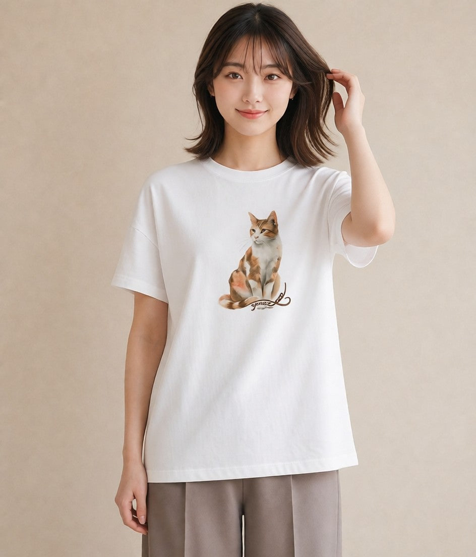 半袖Tシャツ レディース 靴下猫 猫 ねこ イラスト アート風 カフェ服 クリスマス 白T YMAZO