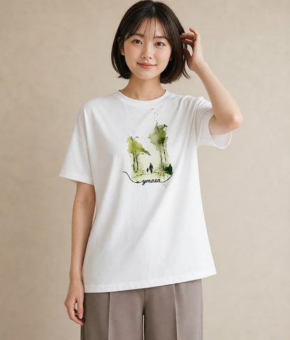 グラフィックTシャツ レディース 雨上がりの小道 雨上がり 小道 ナチュラル アンティーク イラスト フェミニン 綿100 デート 白T YMAZO