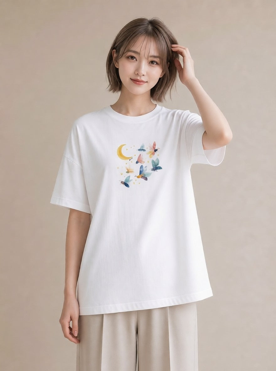 半袖Tシャツ レディース 月 星空 宇宙 イラスト お洒落 ホワイトデー 春服 白T YMAZO