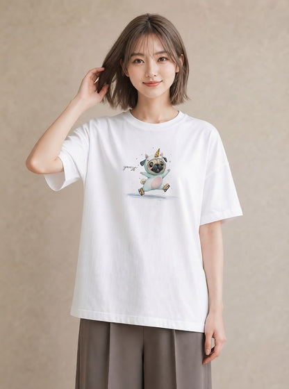 プリントTシャツ レディース パグ 犬 いぬ イラスト ニュアンス 社会人 女性 白T YMAZO