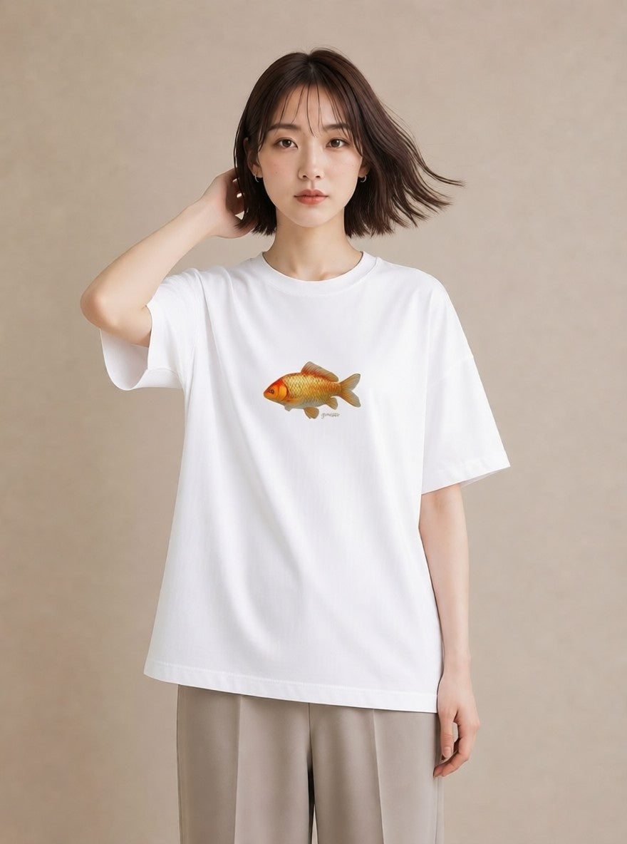 Tシャツ レディース らんちゅう ペット 動物 イラスト ニュアンス ビーチ デイリーウェア 白T YMAZO