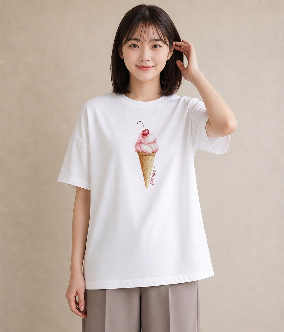 グラフィックTシャツ レディース ソフトクリーム 食べ物 フード イラスト きれいめカジュアル 敬老の日 ホワイトデー 白T YMAZO