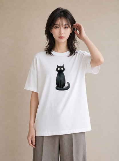 デザインTシャツ レディース 黒猫 猫 ねこ イラスト ナチュラル ママ カフェ服 白T YMAZO
