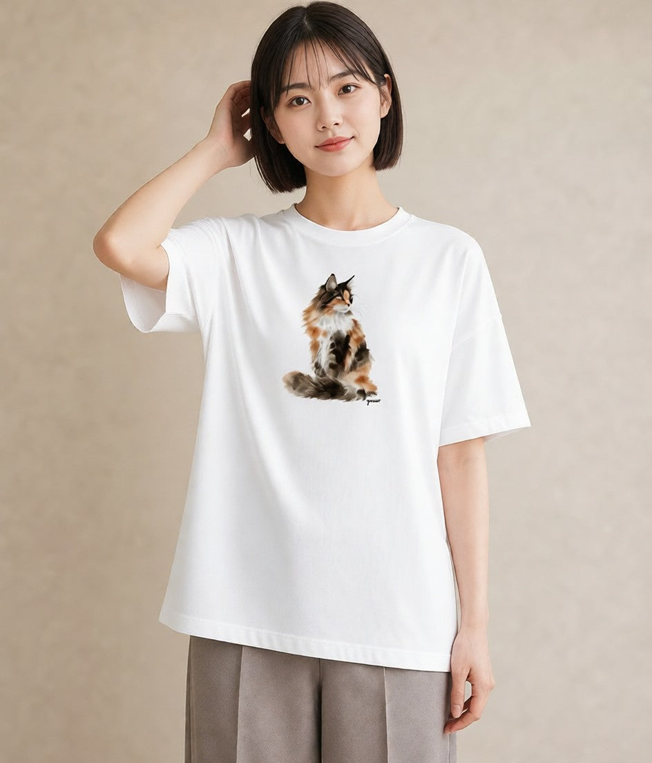 Tシャツ レディース ぶち猫 猫 ねこ イラスト 手描き風 普段着 週末コーデ 白T YMAZO