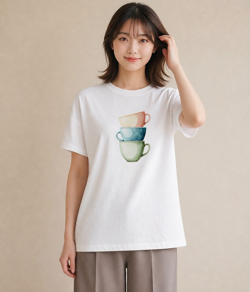 半袖Tシャツ レディース カフェオレ 食べ物 フード イラスト 上品 通勤 在宅 白T YMAZO