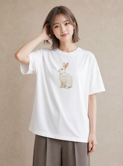 グラフィックTシャツ レディース ミニうさぎ ペット 動物 イラスト フェミニン 旅行用 海 白T YMAZO
