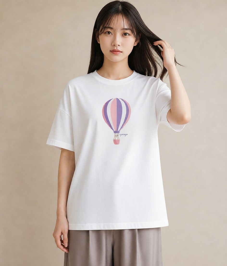 半袖Tシャツ レディース 紙風船 和紙 ナチュラル アンティーク イラスト カジュアル ラフ レイヤード 白T YMAZO