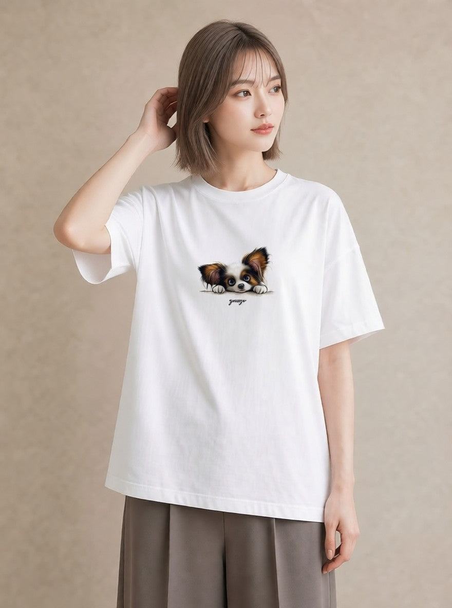 デザインTシャツ レディース パピヨン 犬 いぬ イラスト 線画 ホワイトデー 春服 白T YMAZO