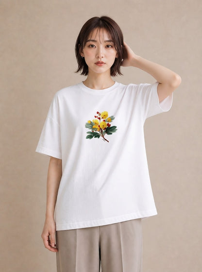 プリントTシャツ レディース ミモザ 花 花柄 イラスト ラフカジュアル カフェ服 クリスマス 白T