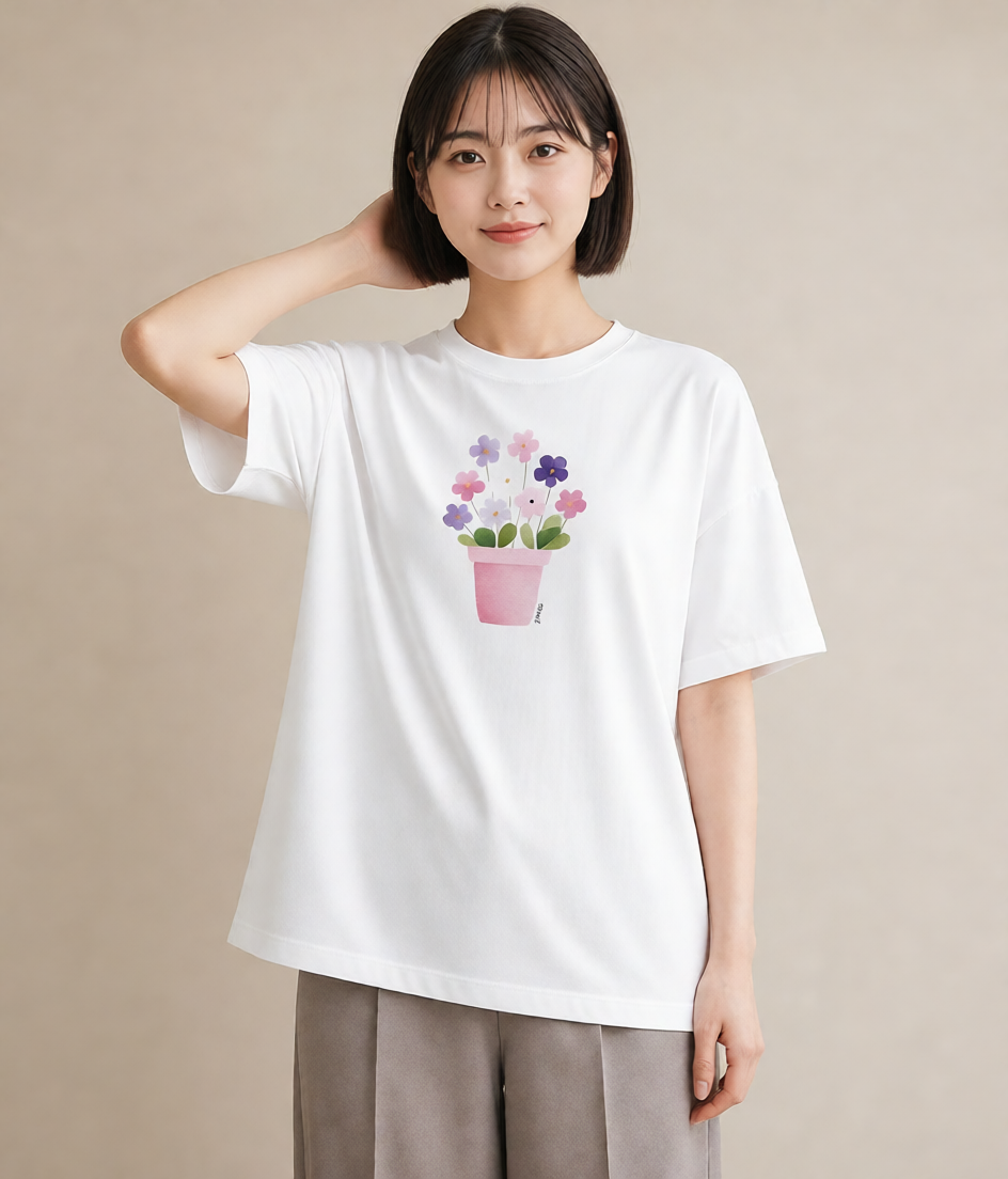 グラフィックTシャツ レディース パンジー 花 花柄 イラスト アート風 自分用 ルームウェア 白T YMAZO