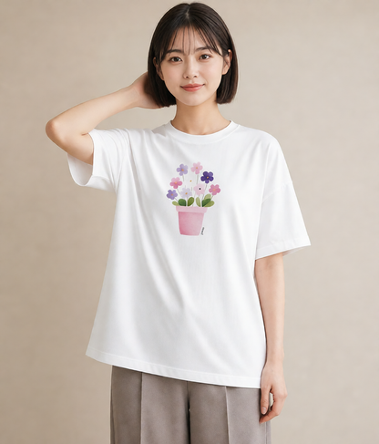 グラフィックTシャツ レディース パンジー 花 花柄 イラスト アート風 自分用 ルームウェア 白T YMAZO