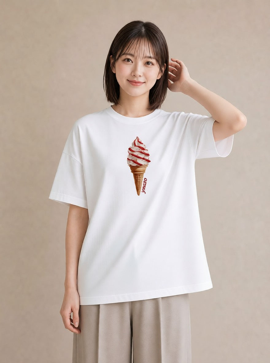 半袖Tシャツ レディース ソフトクリーム 食べ物 フード イラスト 上品 春コーデ 姉妹 白T YMAZO