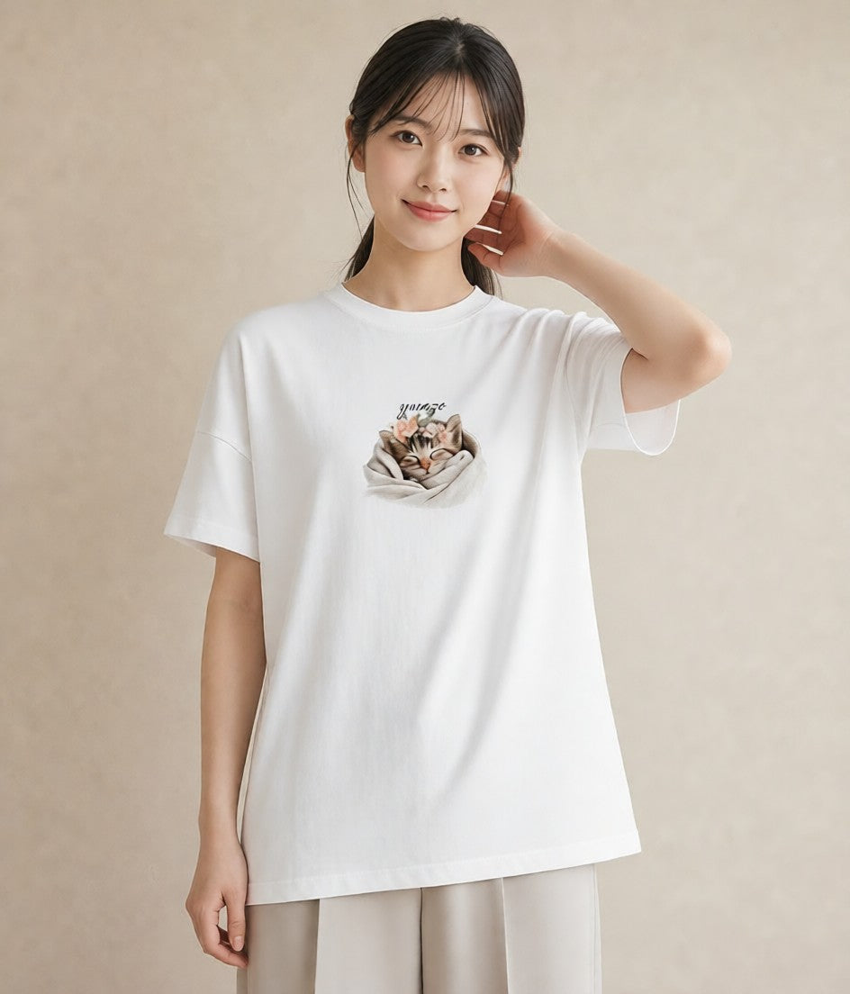 Tシャツ レディース 猫好き 猫 ねこ イラスト ナチュラル 女性 旅行用 白T YMAZO