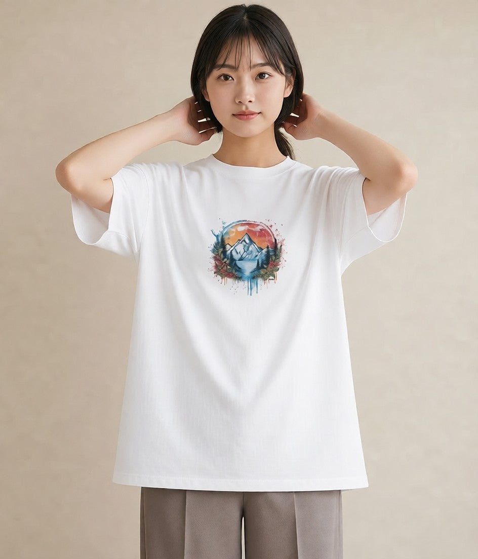 プリントTシャツ レディース 山 星空 宇宙 イラスト きれいめカジュアル お出かけ 普段着 白T YMAZO