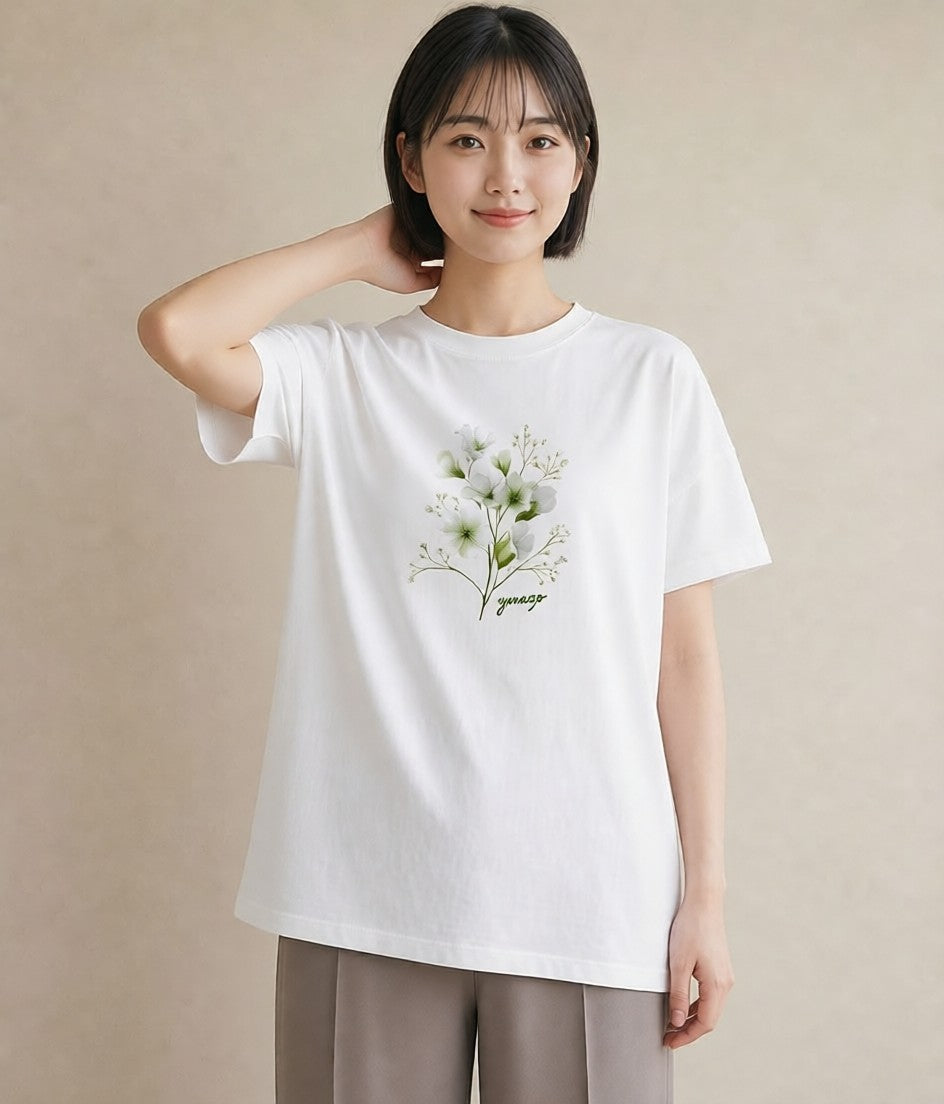 グラフィックTシャツ レディース カスミソウ かすみ草 花 花柄 イラスト 手描き風 お出かけ 普段着 白T YMAZO