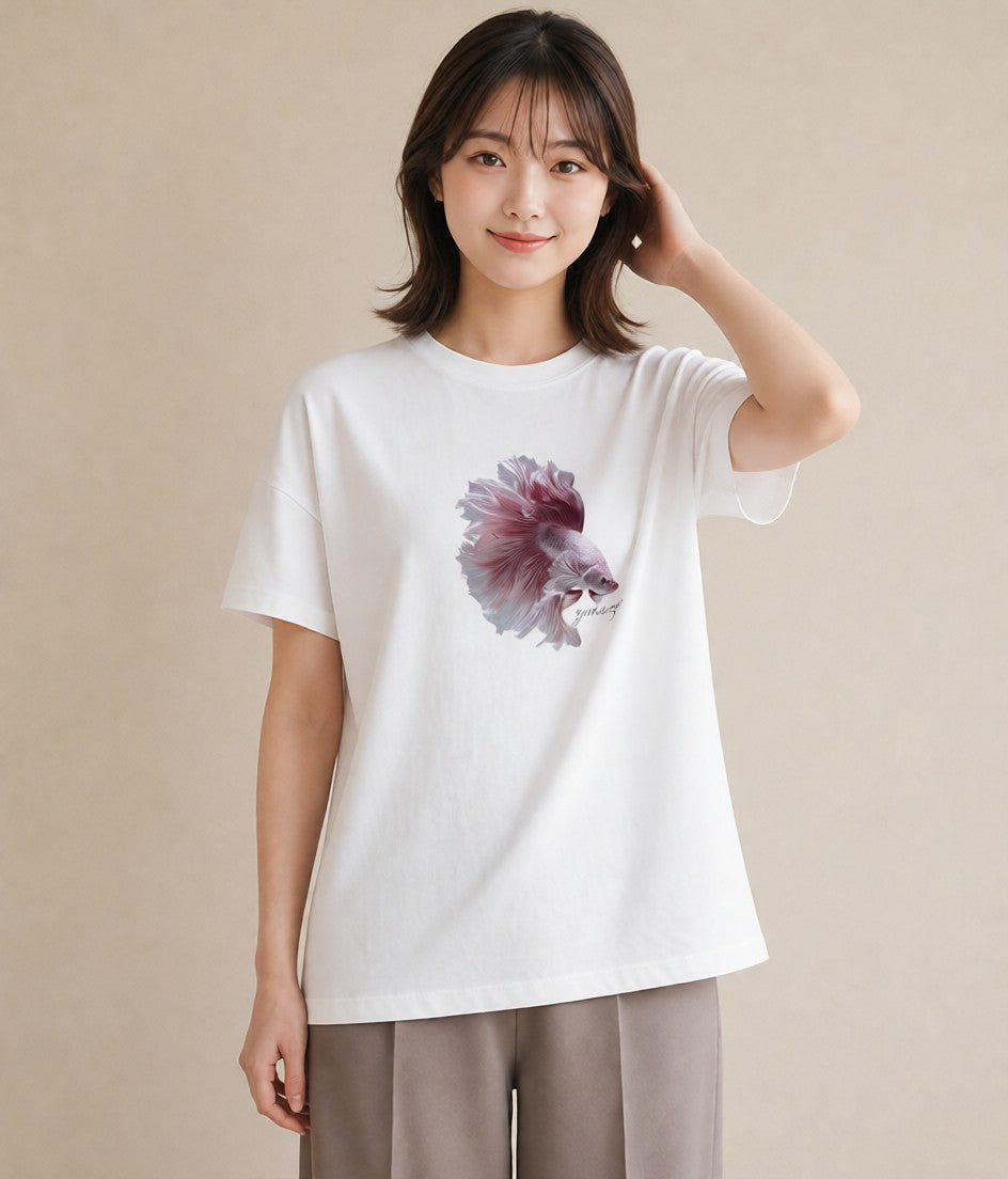 Tシャツ レディース ベタ ペット 動物 イラスト 旅行コーデ 送別ギフト 通勤 白T YMAZO