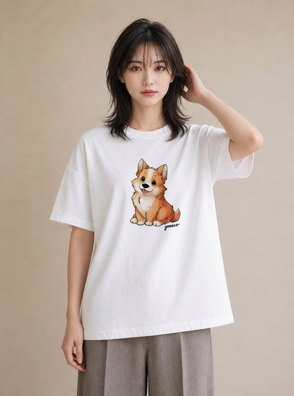 プリントTシャツ レディース ウェルシュコーギー コーギー 犬 いぬ イラスト ヴィンテージ風 旅行用 海 白T YMAZO