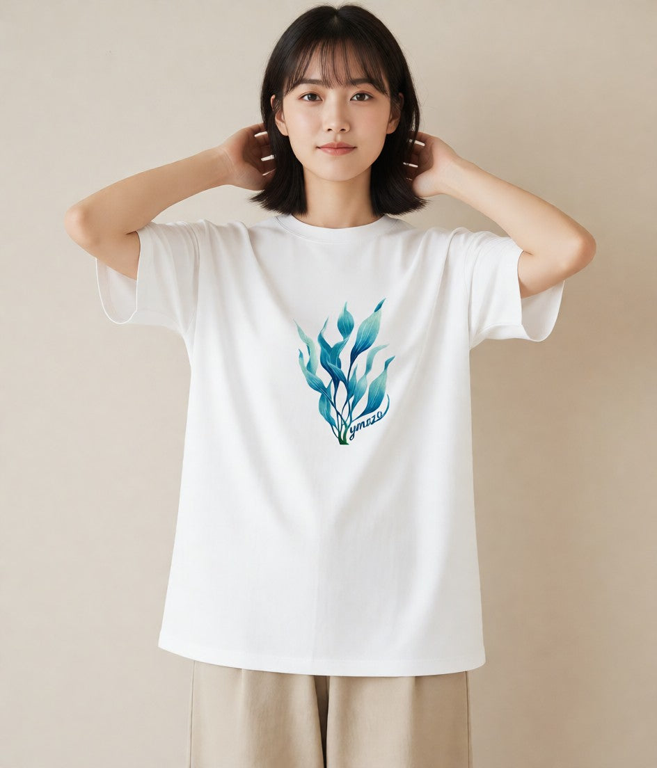 プリントTシャツ レディース 苔 植物 ボタニカル イラスト 韓国風 自分用 ルームウェア 白T YMAZO