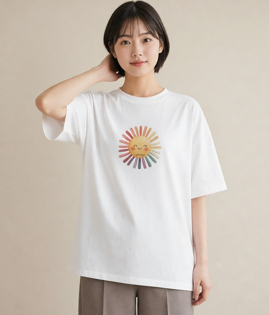 半袖Tシャツ レディース 太陽 星空 宇宙 イラスト 韓国風 カフェ服 クリスマス 白T YMAZO