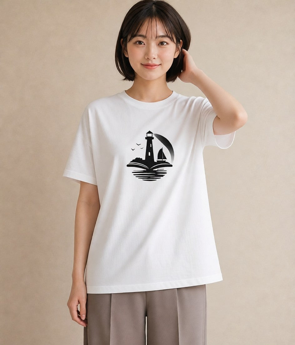 グラフィックTシャツ レディース 灯台 霧 海 ナチュラル アンティーク イラスト 個性的 ホワイトデー 春服 白T YMAZO