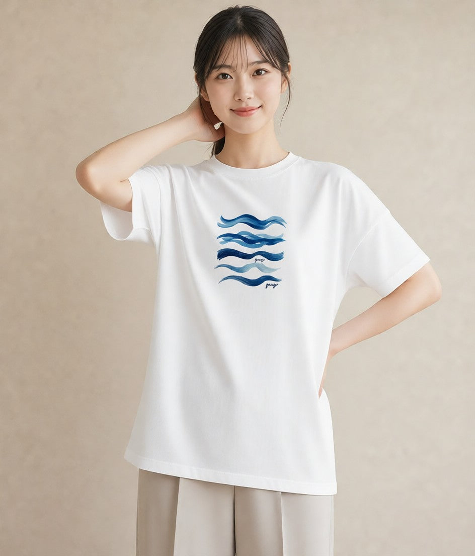 プリントTシャツ レディース 波 星空 宇宙 イラスト 水彩風 カジュアルコーデ 買い物 白T YMAZO