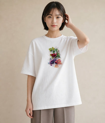 Tシャツ レディース ぶどう 葡萄 食べ物 フード イラスト 韓国風 帰省 ラフ 白T YMAZO