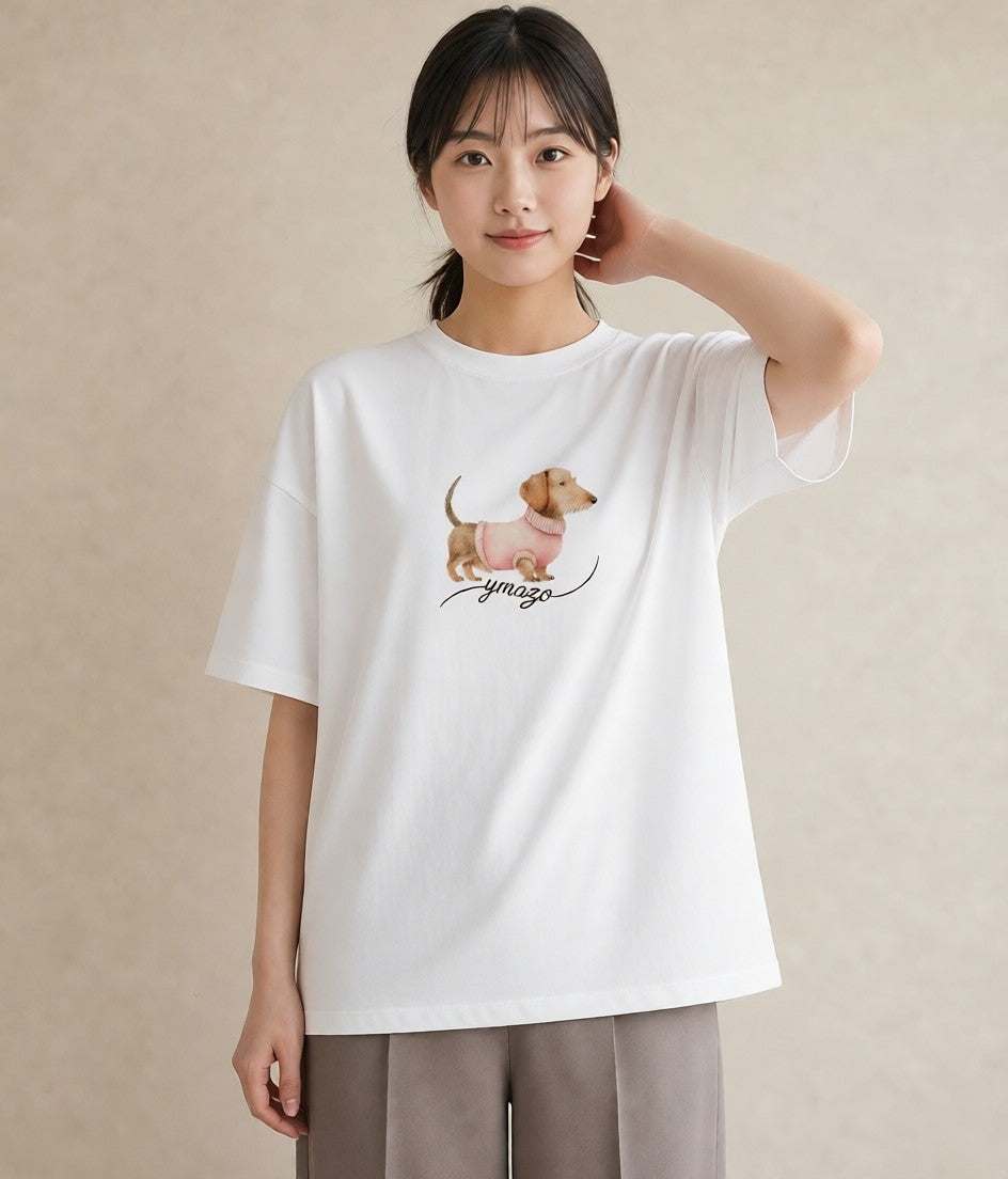Tシャツ レディース ミニチュアダックスフンド 犬 いぬ イラスト ナチュラル 友達ギフト 部屋着 白T YMAZO