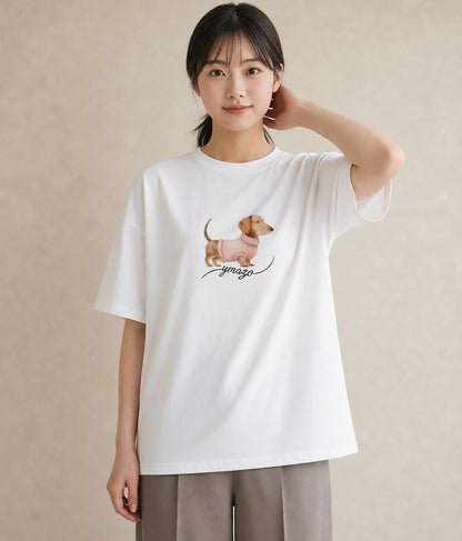 Tシャツ レディース ミニチュアダックスフンド 犬 いぬ イラスト ナチュラル 友達ギフト 部屋着 白T YMAZO