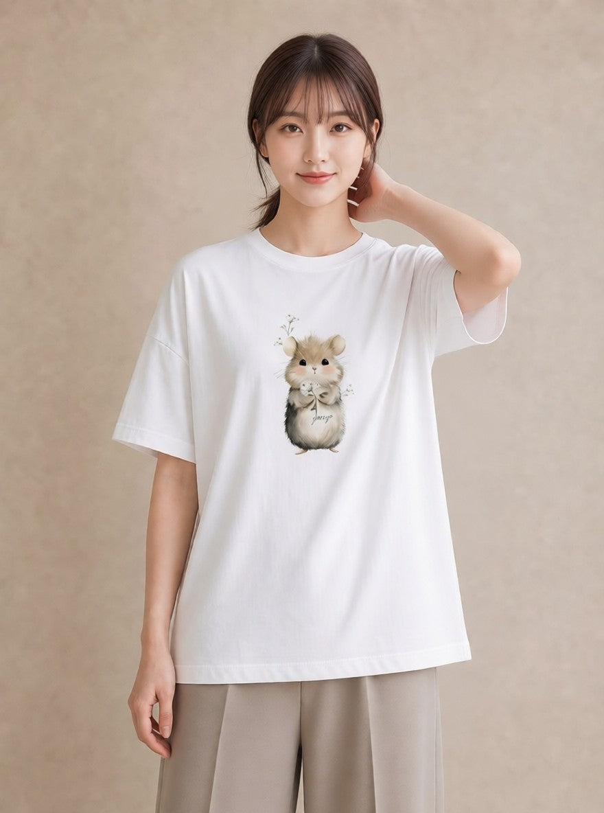 プリントTシャツ レディース キンクマハムスター ペット 動物 イラスト カジュアル 公園 ママ 白T YMAZO