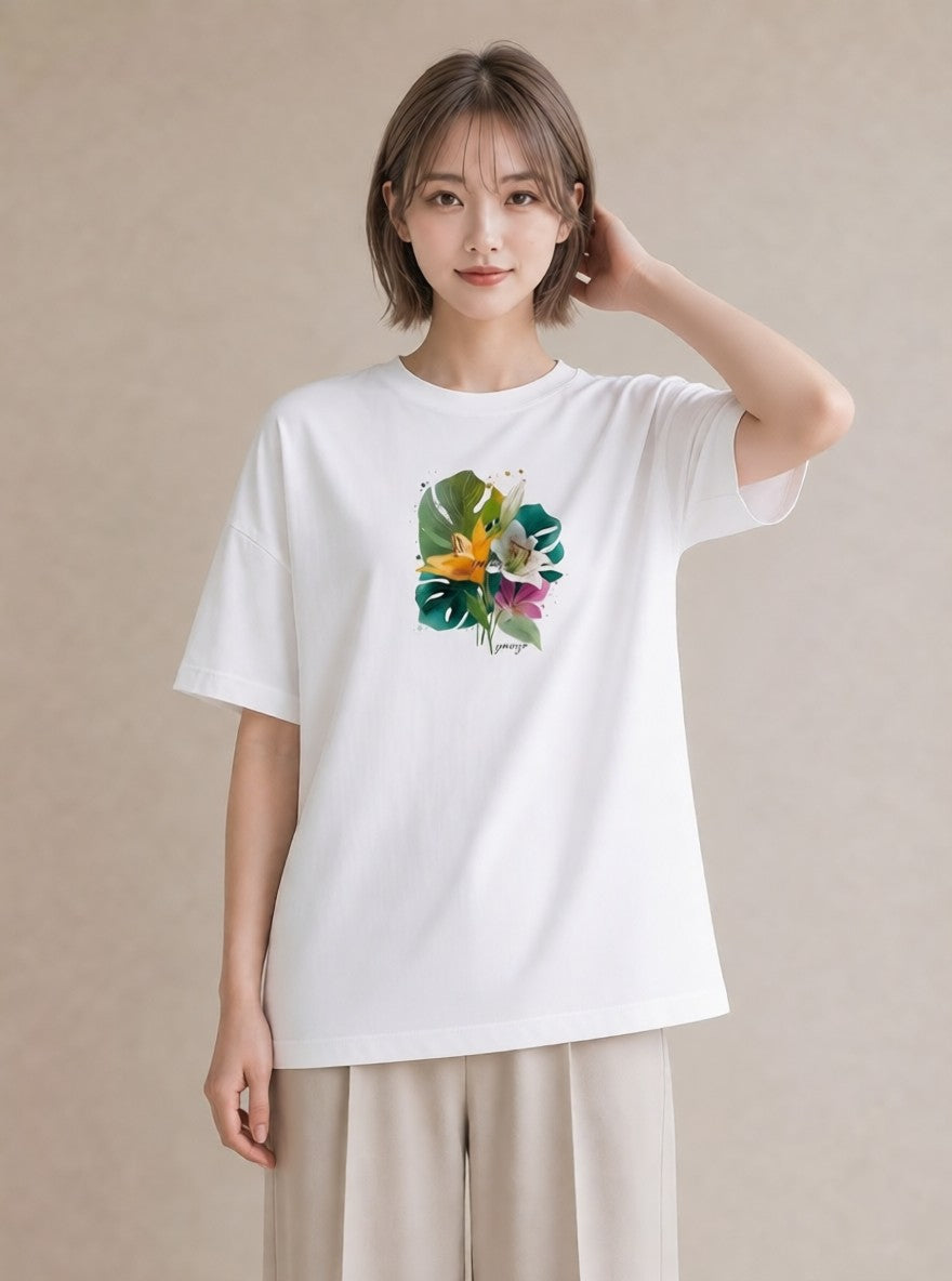 半袖Tシャツ レディース ゆり 百合 花 花柄 イラスト ニュアンス ラフ レイヤード 白T YMAZO