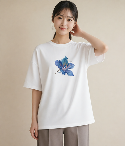 半袖Tシャツ レディース あさがお 朝顔 花 花柄 イラスト アート風 海 カフェ巡り 白T