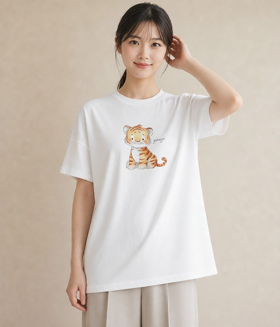Tシャツ レディース 茶トラ 茶猫 猫 ねこ イラスト ポップ ラフ レイヤード 白T YMAZO