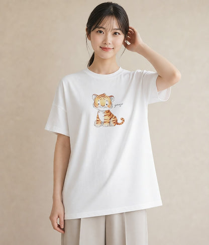 Tシャツ レディース 茶トラ 茶猫 猫 ねこ イラスト ポップ ラフ レイヤード 白T YMAZO