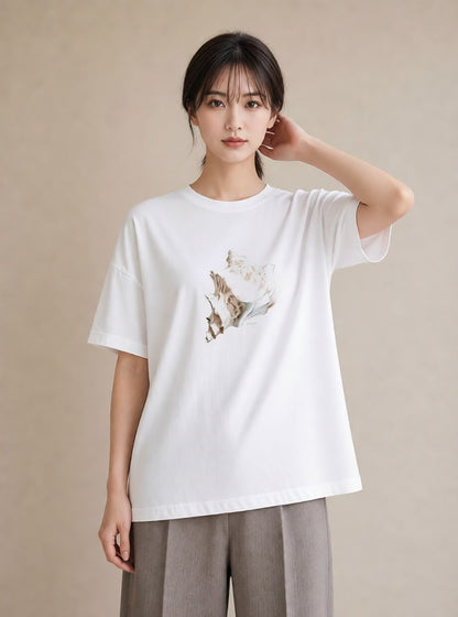 グラフィックTシャツ レディース 貝 海の生き物 海 イラスト 北欧風 通勤 在宅 白T YMAZO