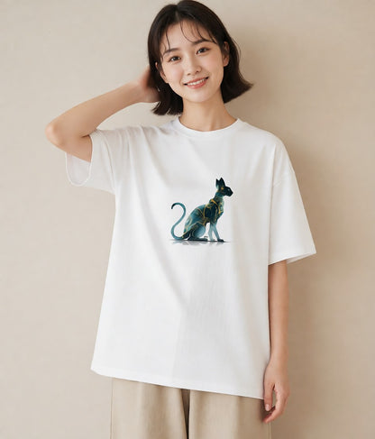 Tシャツ レディース スフィンクス 猫 ねこ イラスト 北欧風 ラフ レイヤード 白T YMAZO
