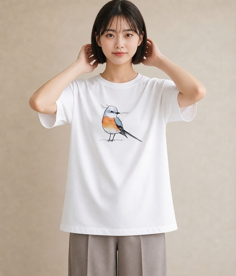 プリントTシャツ レディース 遠い家と鳥 風景 鳥 ナチュラル アンティーク イラスト 手描き風 お出かけ 普段着 白T YMAZO