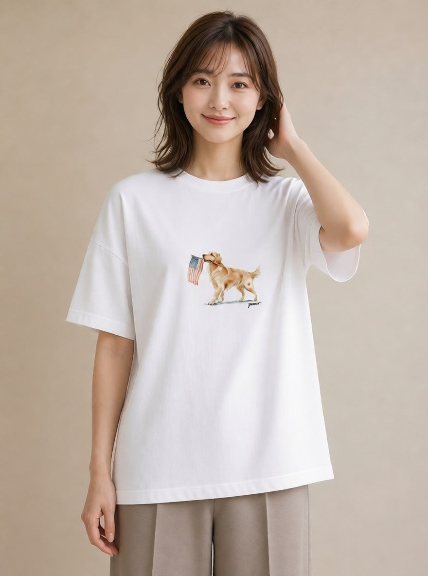 デザインTシャツ レディース ゴールデンレトリバー ゴールデン 犬 いぬ イラスト ガーリー カフェ服 クリスマス 白T YMAZO