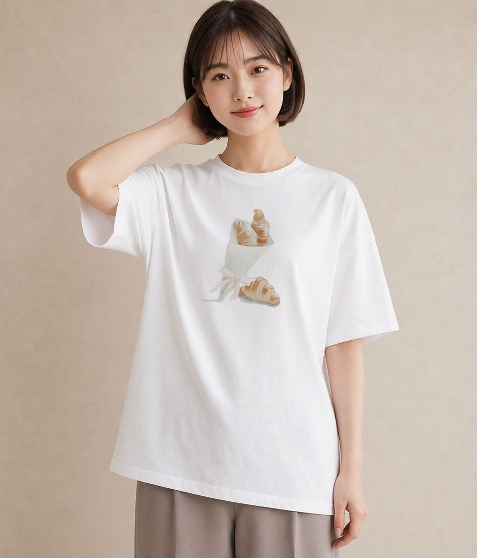 グラフィックTシャツ レディース クロワッサン 食べ物 フード イラスト 手描き風 女性向けギフト 散歩 白T YMAZO