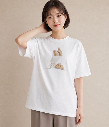 グラフィックTシャツ レディース クロワッサン 食べ物 フード イラスト 手描き風 女性向けギフト 散歩 白T YMAZO