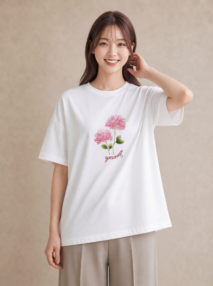 半袖Tシャツ レディース あじさい 紫陽花 アジサイ 花 花柄 イラスト 線画 休日 ペアコーデ 白T YMAZO