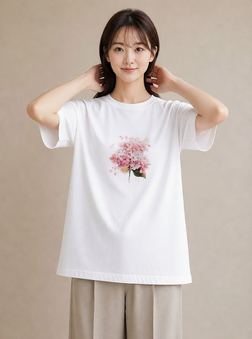 プリントTシャツ レディース あじさい 紫陽花 アジサイ 花 花柄 イラスト ラフ 秋コーデ おしゃれギフト 白T
