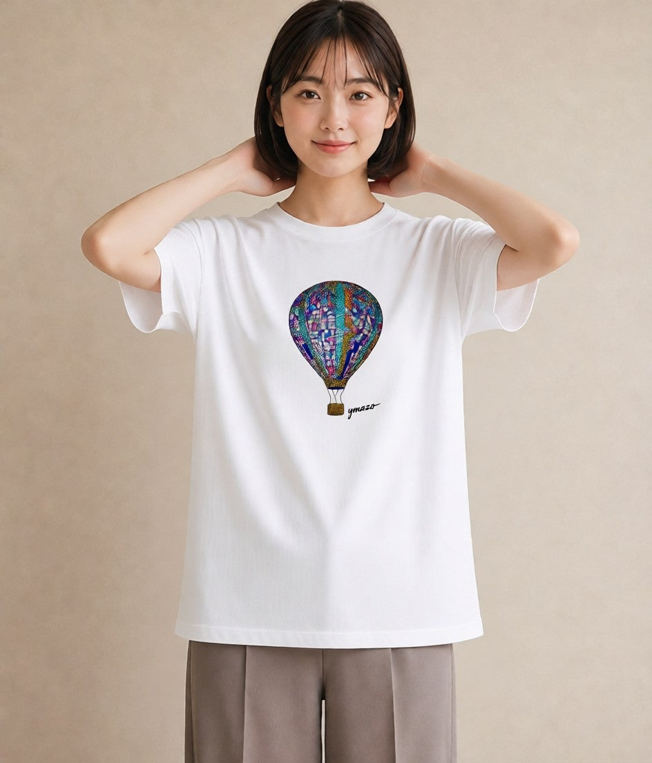 デザインTシャツ レディース 気球 星空 宇宙 イラスト ガーリー カジュアルコーデ 買い物 白T YMAZO