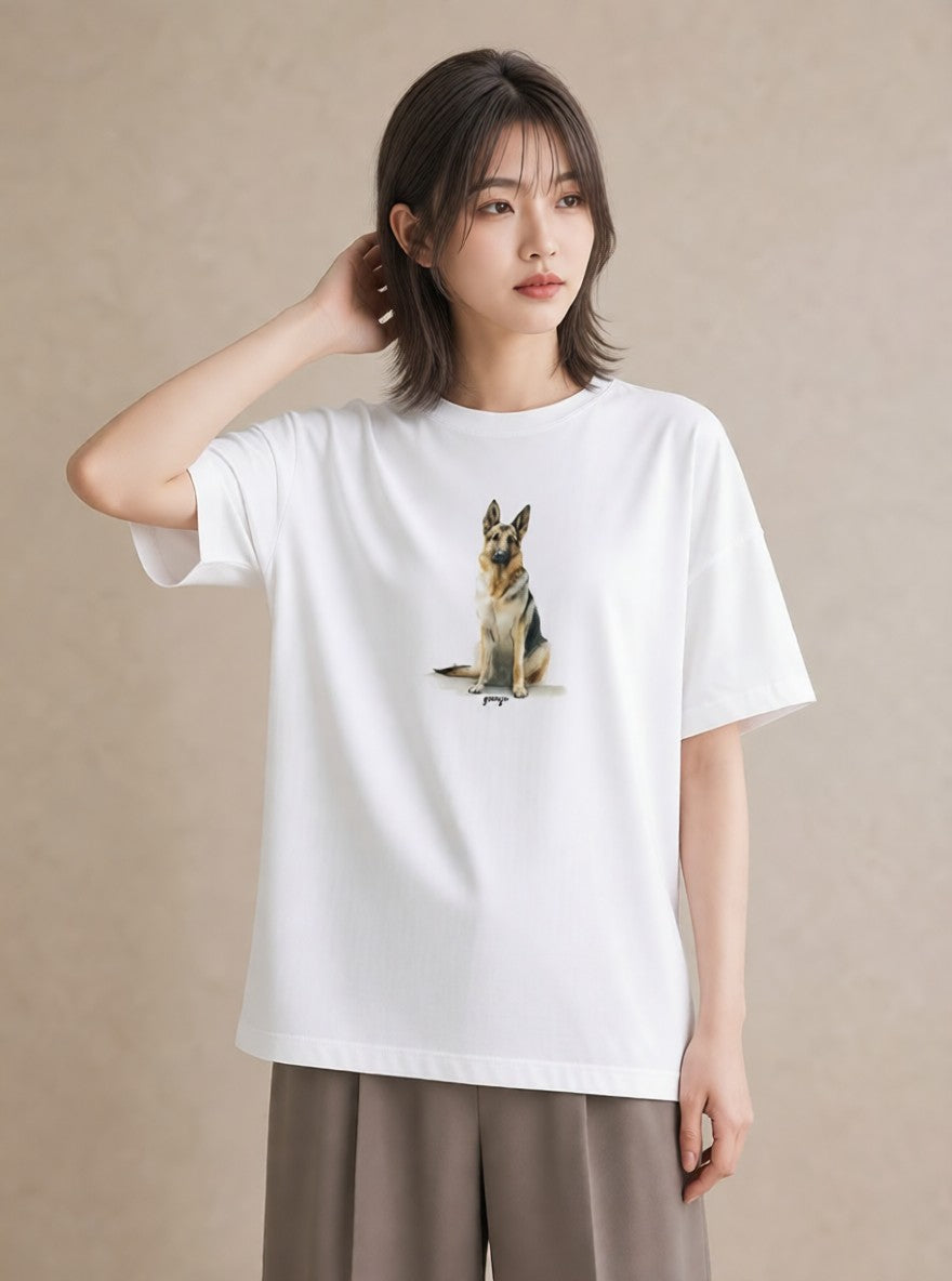 Tシャツ レディース 老犬 犬 いぬ イラスト 線画 カフェ巡り 女子会 白T YMAZO