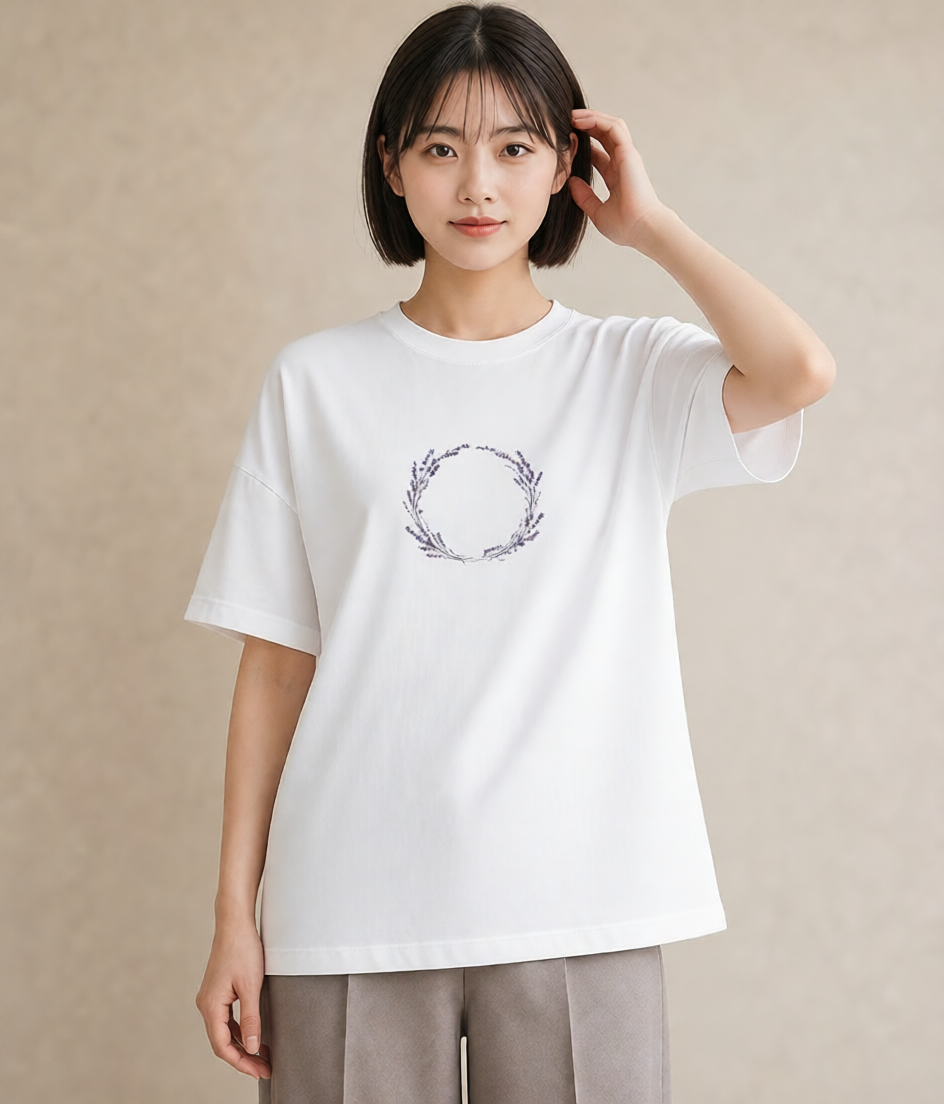 半袖Tシャツ レディース ラベンダー 花 花柄 イラスト ラフ デート 帰省 白T