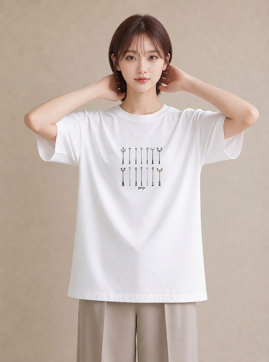 Tシャツ レディース 街灯 夜霧 夜 ナチュラル アンティーク イラスト きれいめカジュアル 夏コーデ 通学 白T YMAZO