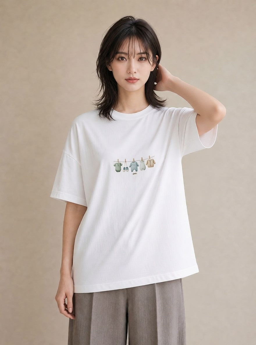 Tシャツ レディース 洗濯物 風 ナチュラル アンティーク イラスト 旅行用 海 白T YMAZO