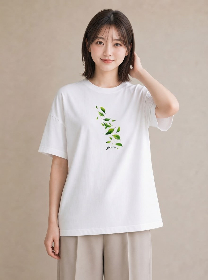 プリントTシャツ レディース 新緑 植物 ボタニカル イラスト 休日コーデ 買い物 夏コーデ 白T YMAZO