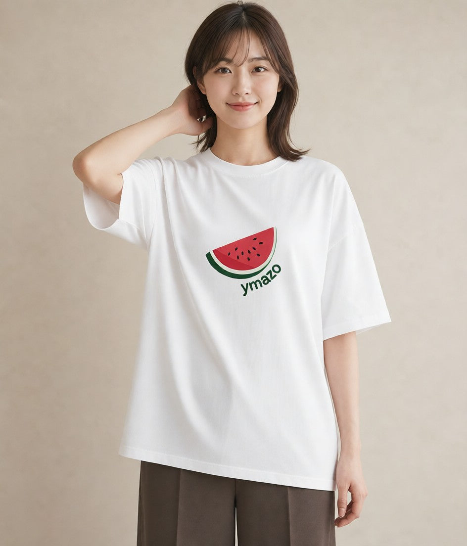 半袖Tシャツ レディース すいか 食べ物 フード イラスト ボタニカル 夏コーデ 通学 白T YMAZO