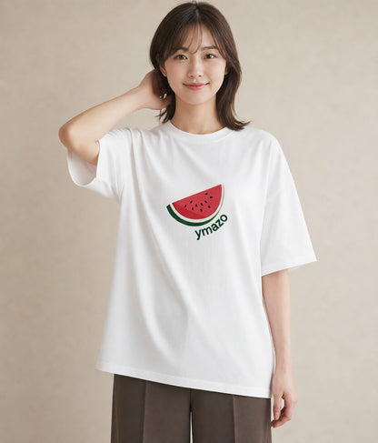 半袖Tシャツ レディース すいか 食べ物 フード イラスト ボタニカル 夏コーデ 通学 白T YMAZO