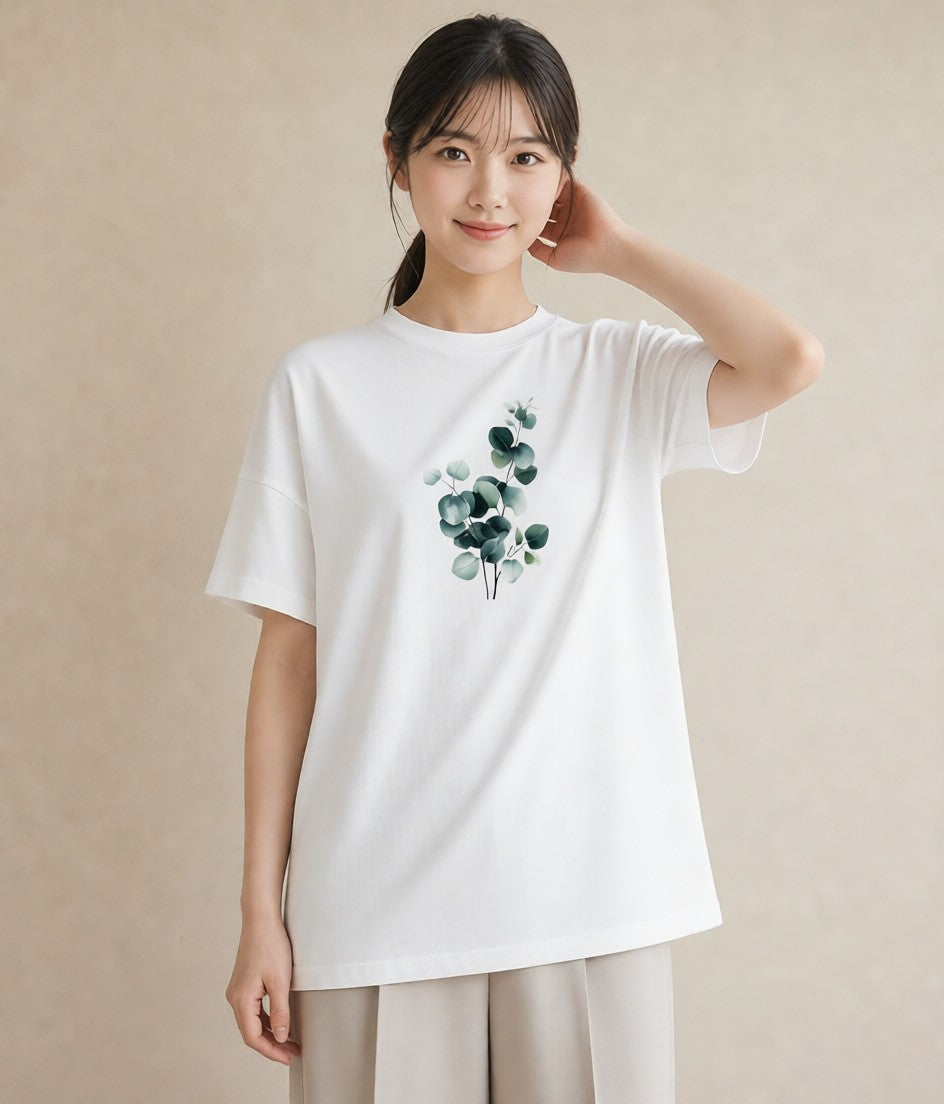 半袖Tシャツ レディース ユーカリ 植物 ボタニカル イラスト きれいめ 母の日 ビーチ 白T YMAZO